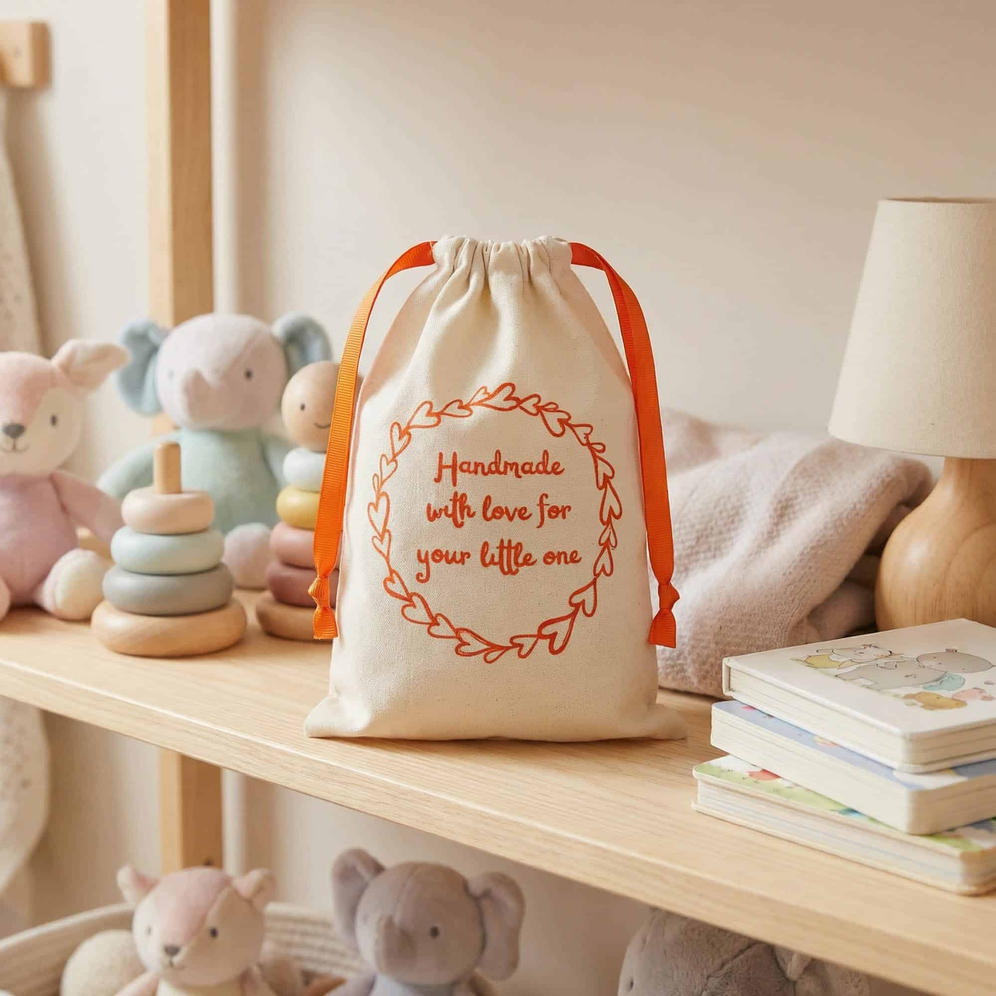 Cotton gift bag with orange ribbons and "Handmade with love for your little one" text on a wooden nursery shelf