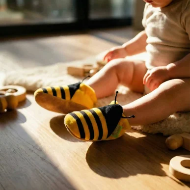 Baby in Funky Feet Fashions bumble bee booties with yellow stripes and antennae, sitting on a sunlit wooden floor.