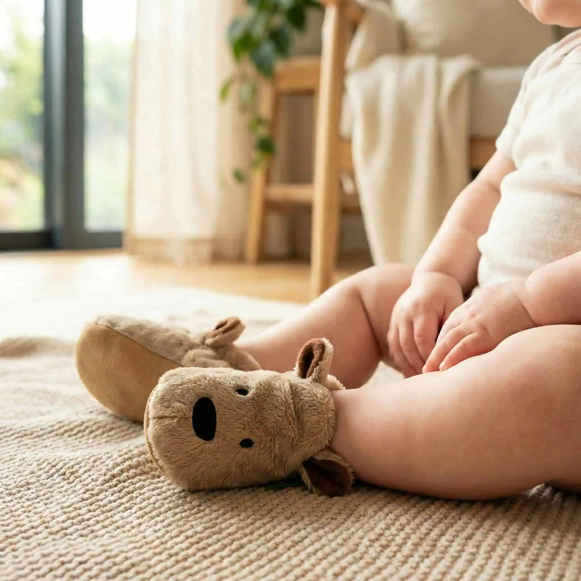 Funky Feet Fashions brown bear baby booties on an infant sitting on a textured rug in a bright room.