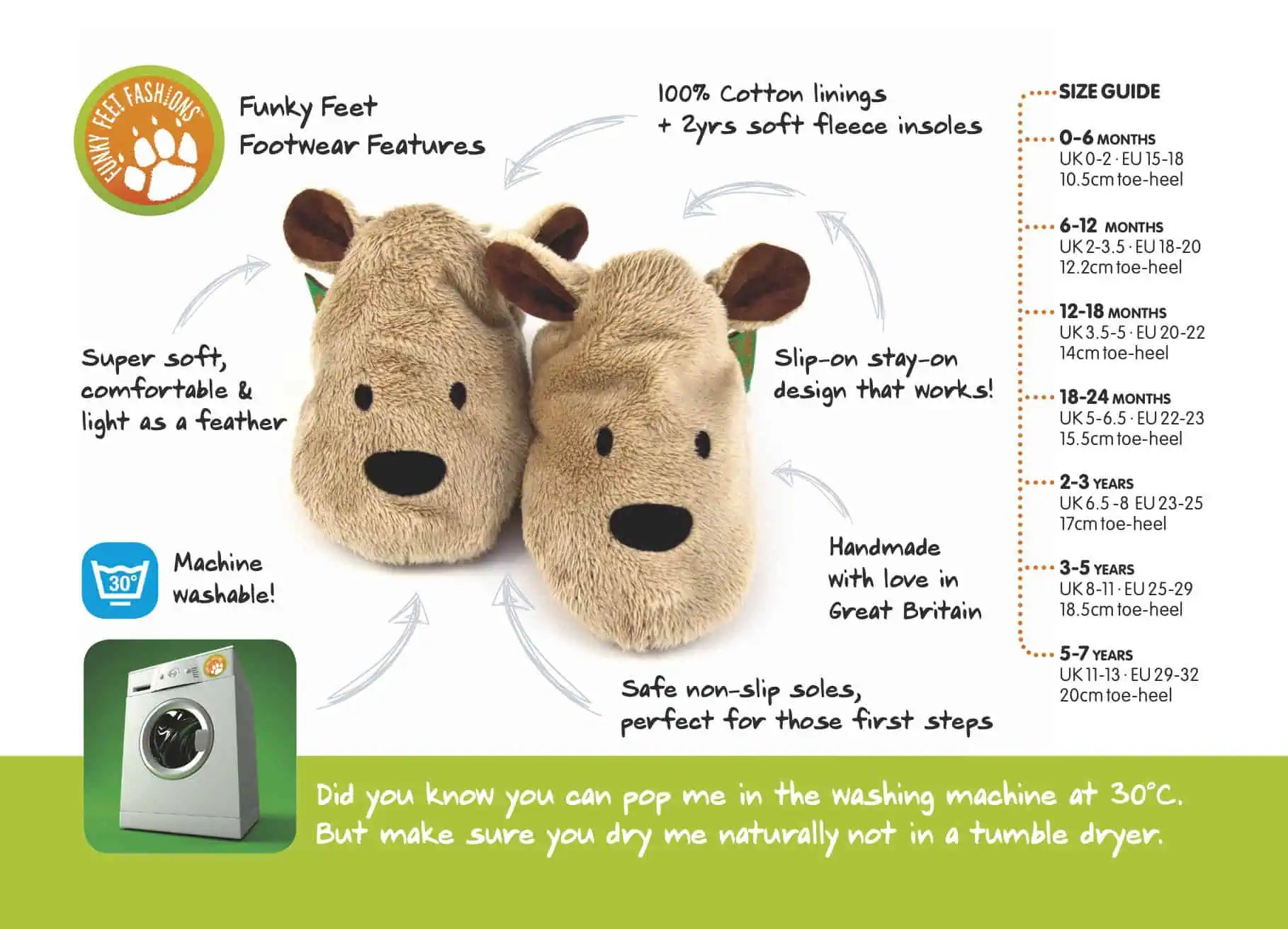 Infographic for brown bear baby slippers by Funky Feet Fashions, detailing features and a comprehensive size guide from 0-6 months to 5-7 years.